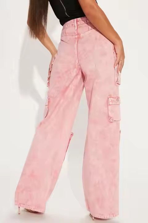 OEM Custom Logo Fashion Women Pink Loose Fit High Waist Cargo Pants Multi Cargo Pockets Denim Jeans