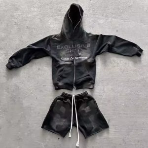 Custom Flared Sweatpants and Hoodie Set Zip up Acid Wash Hoodie and Jogger Set Unisex High Quality Hoodie and Shorts Set Men