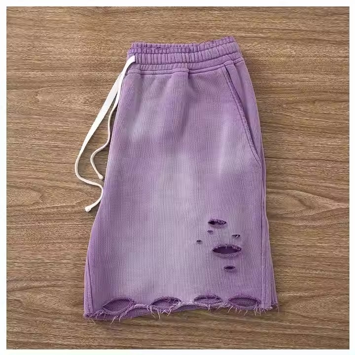 Custom Terry Streetwear Cut Edge Raw Hem Short Pants Vintage Distressed Ripped Hole Acid Washed Sweat Shorts for Men