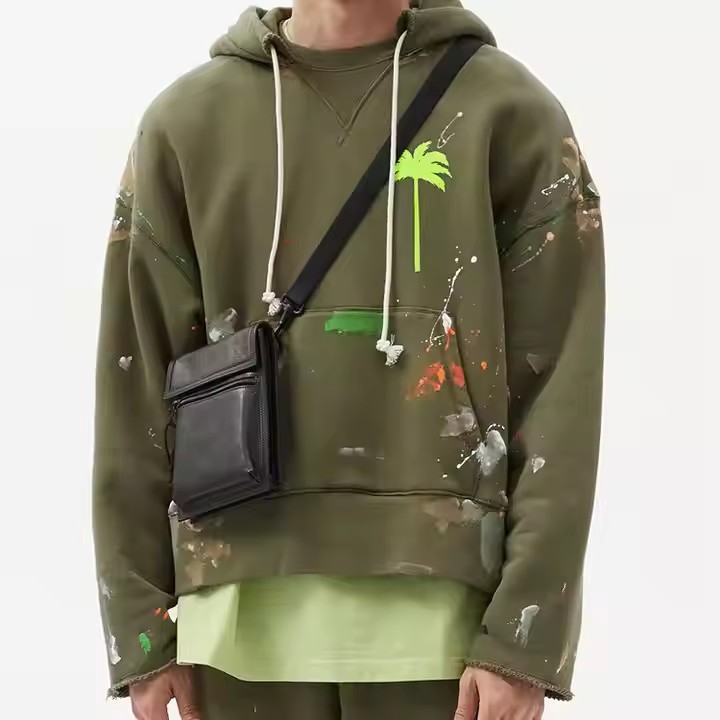 New Arrival Support Custom Print Geometric Knitted 100% Cotton Vintage Wash Hoodie Set