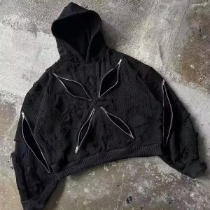 Custom Streetwear Distress Embroidered Patch Men's Acid-washed Sun Fade 500gsm Heavyweight Zipper Rhinestone Basic Hoodie