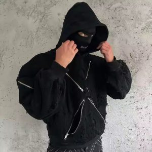 Custom Streetwear Distress Embroidered Patch Men's Acid-washed Sun Fade 500gsm Heavyweight Zipper Rhinestone Basic Hoodie
