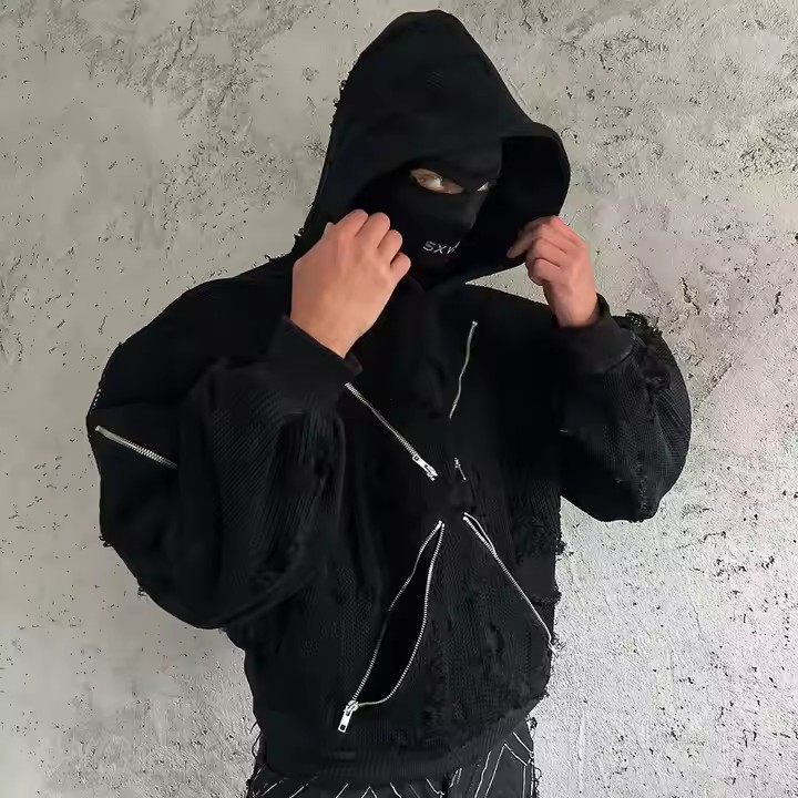 Custom Streetwear Distress Embroidered Patch Men's Acid-washed Sun Fade 500gsm Heavyweight Zipper Rhinestone Basic Hoodie