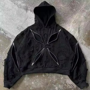 Custom Streetwear Distress Embroidered Patch Men's Acid-washed Sun Fade 500gsm Heavyweight Zipper Rhinestone Basic Hoodie