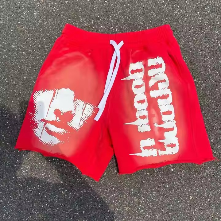 OEM Custom Summer Sports Five Inch Sports Casual Cotton Shorts Men's Running Powder Puff Print Sweatshirt Shorts