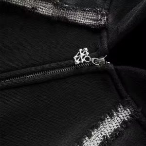 Streetwear Hoodie Custom Vintage Fringed Strip 100% Cotton Distressed Zipper Heavyweight Boxy Fit Cropped Hoodies