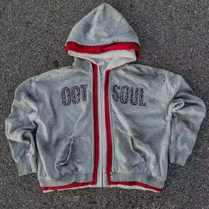 Custom Streetwear Double 3 Zipper Acid Wash Vintage Baggy Boxy Fit Distressed Rhinestone Triple Layer Zip up Hoodie